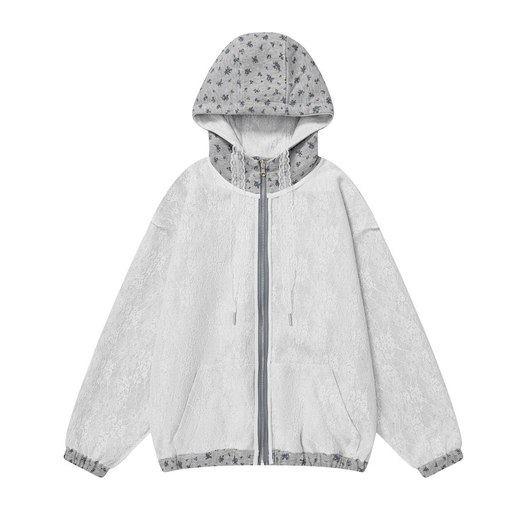 Reversible Floral Lace Zip‑Up Hooded Jacket