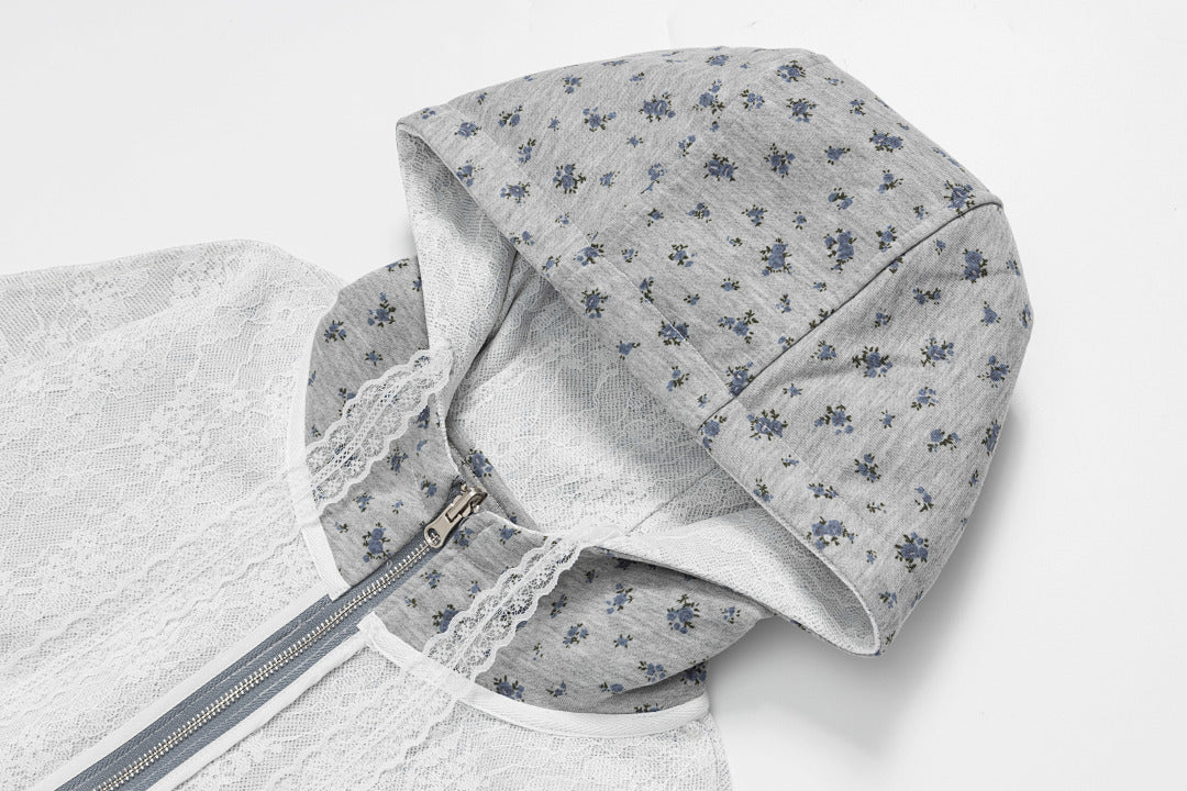 Reversible Floral Lace Zip‑Up Hooded Jacket