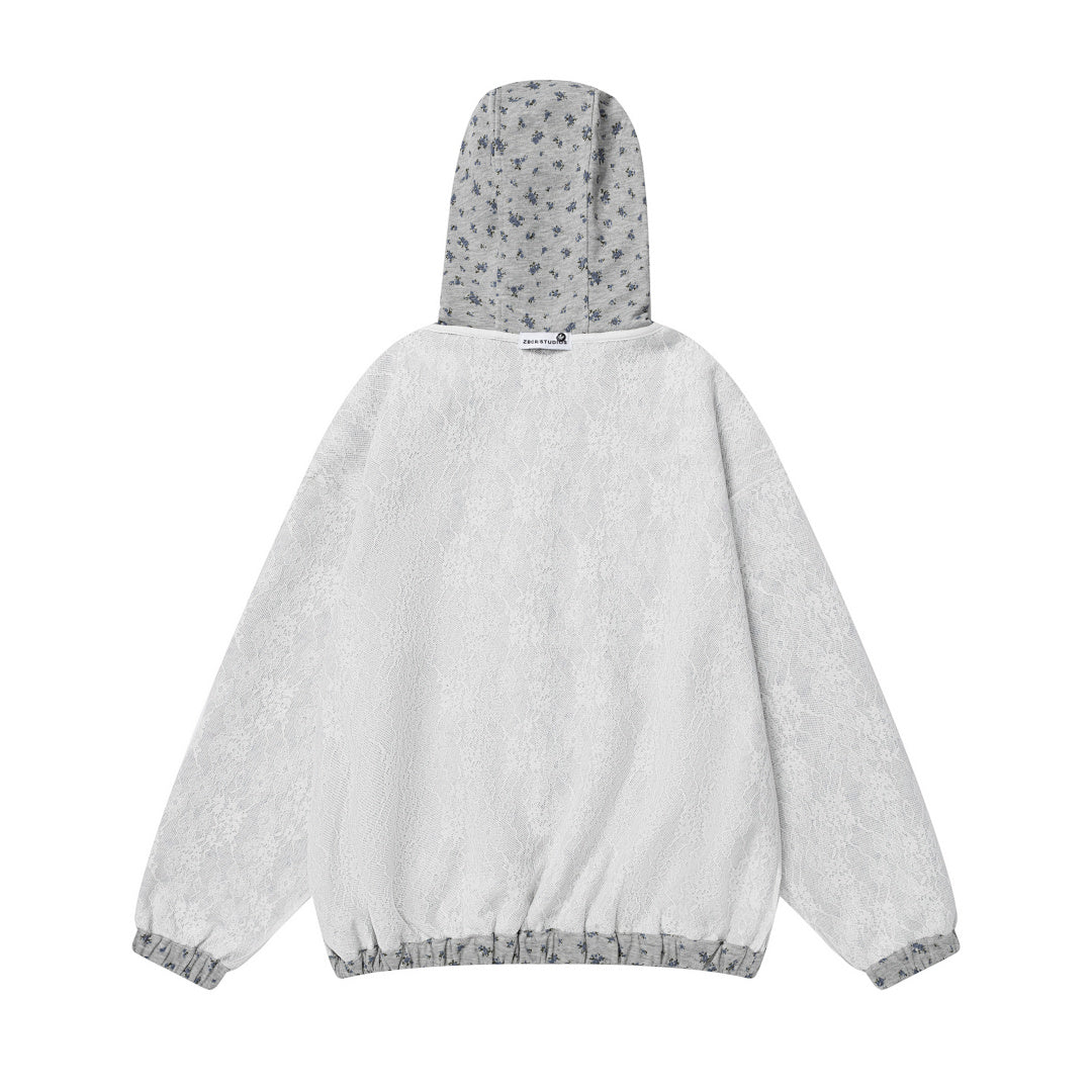 Reversible Floral Lace Zip‑Up Hooded Jacket