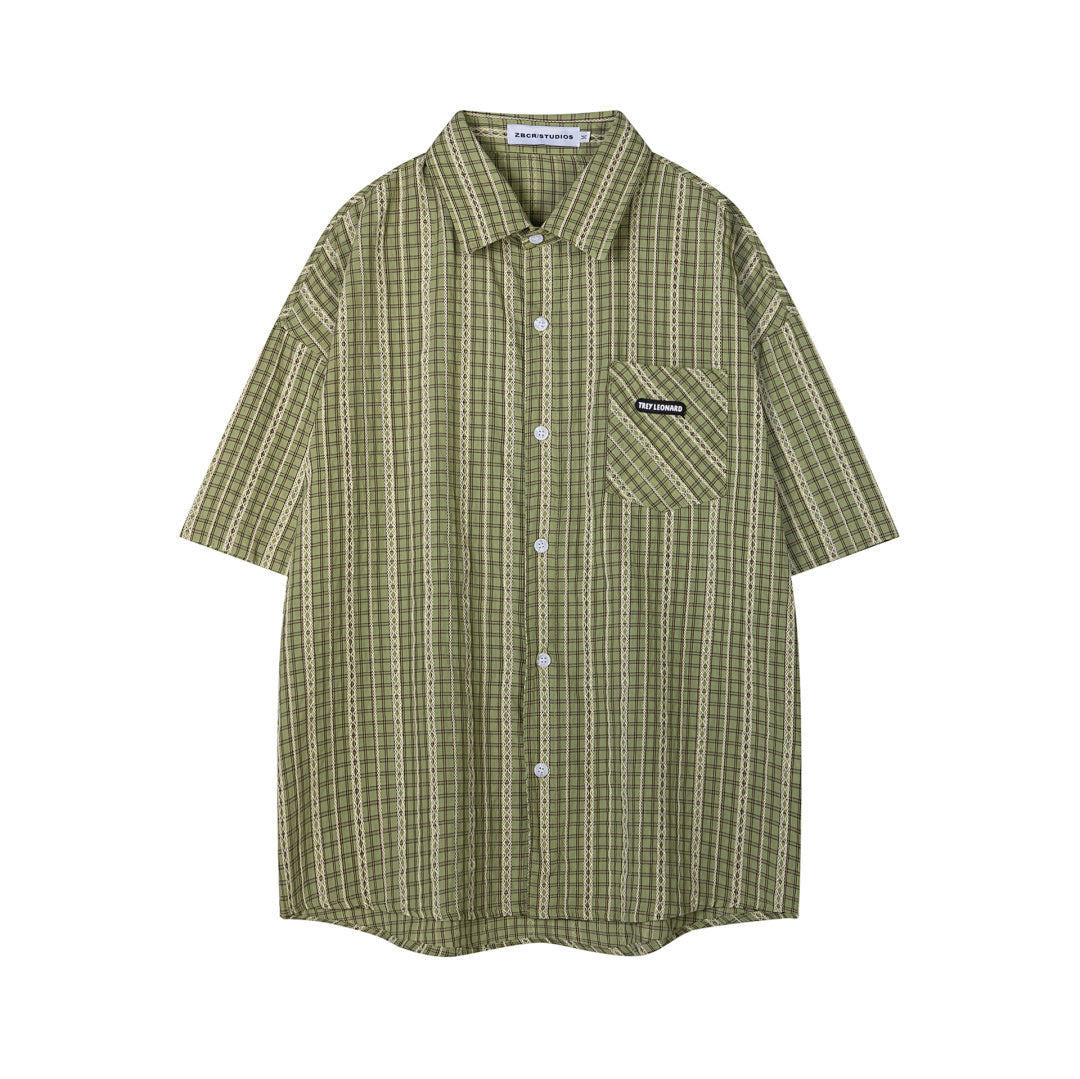 Green Plush Bunny Detachable Ornament Short Sleeve Plaid Shirt