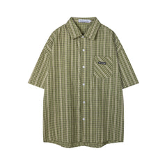 Green Plush Bunny Detachable Ornament Short Sleeve Plaid Shirt