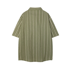 Green Plush Bunny Detachable Ornament Short Sleeve Plaid Shirt