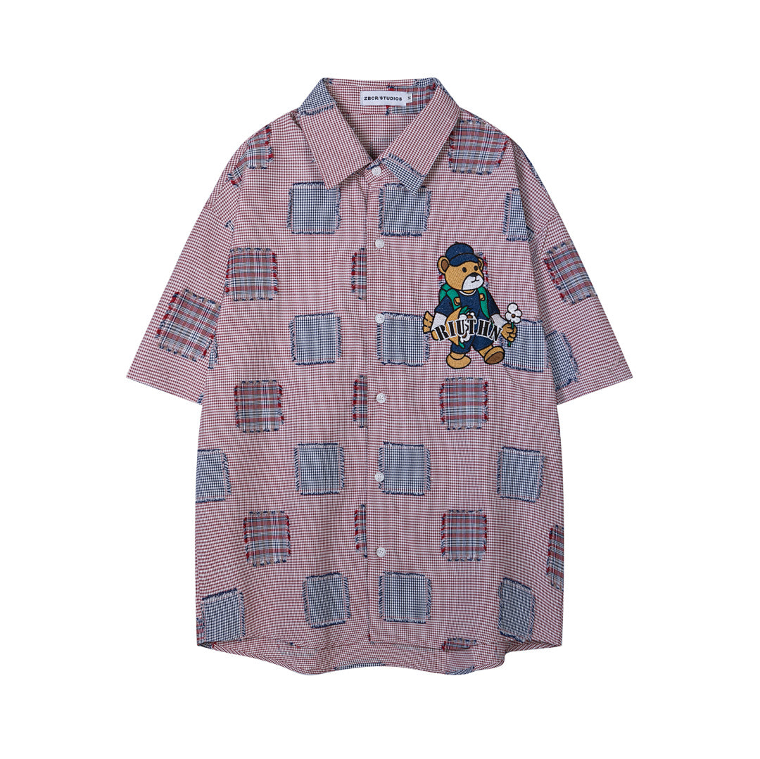 Plaid Patchwork Bear Embroidery Short Sleeve Shirt