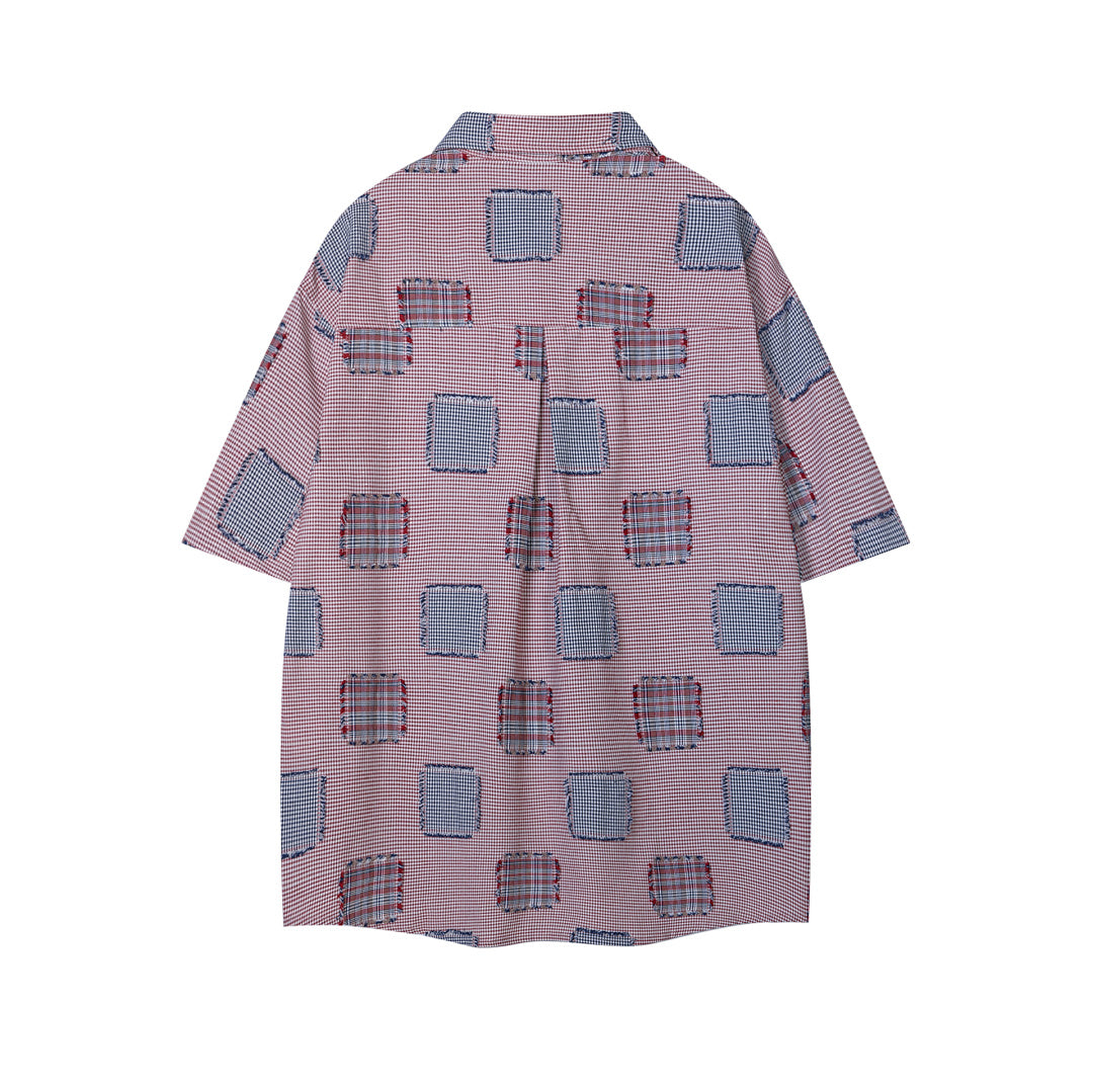 Plaid Patchwork Bear Embroidery Short Sleeve Shirt