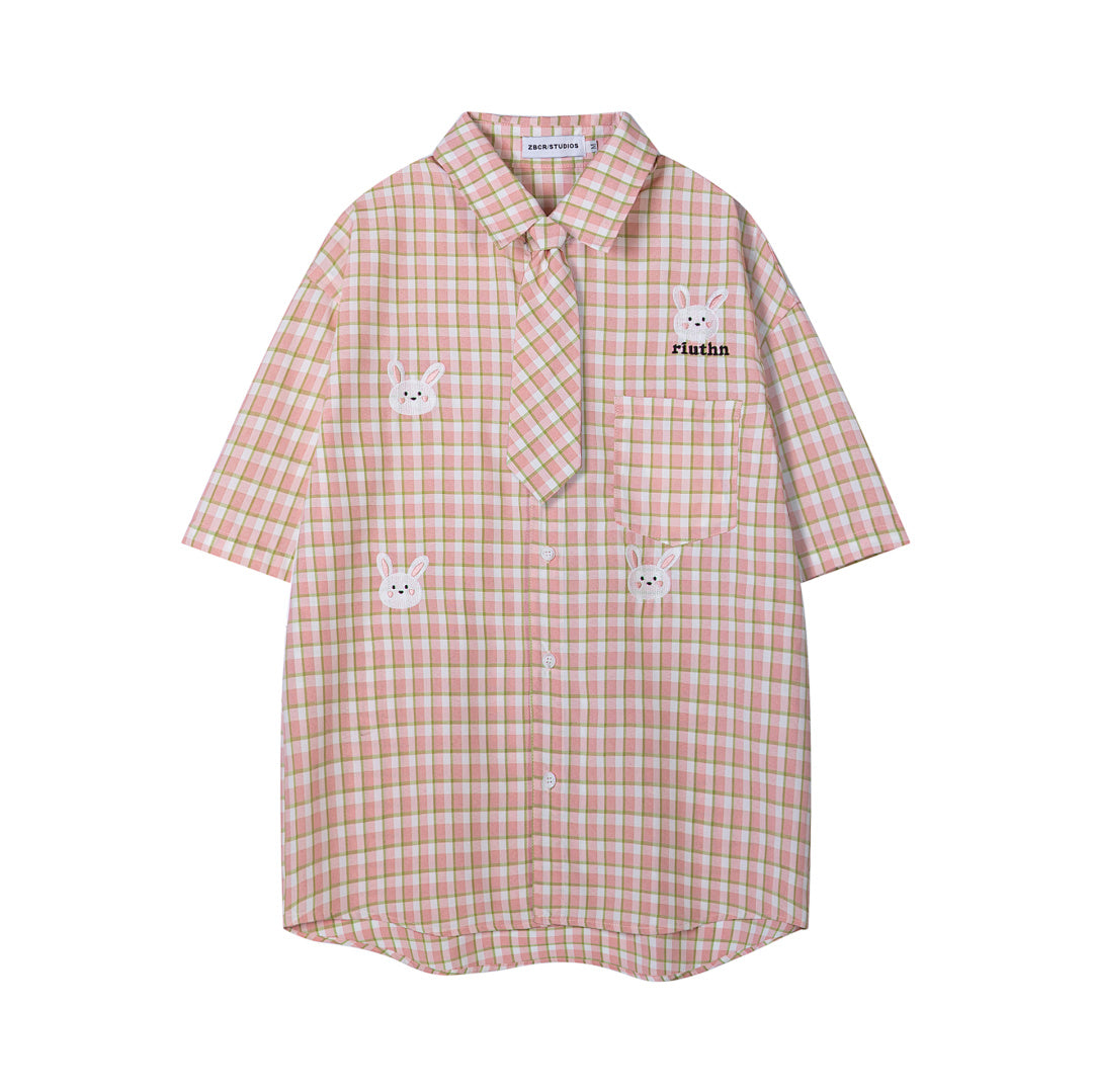 Plaid Shirt With Bunny Embroidery & Matching Tie