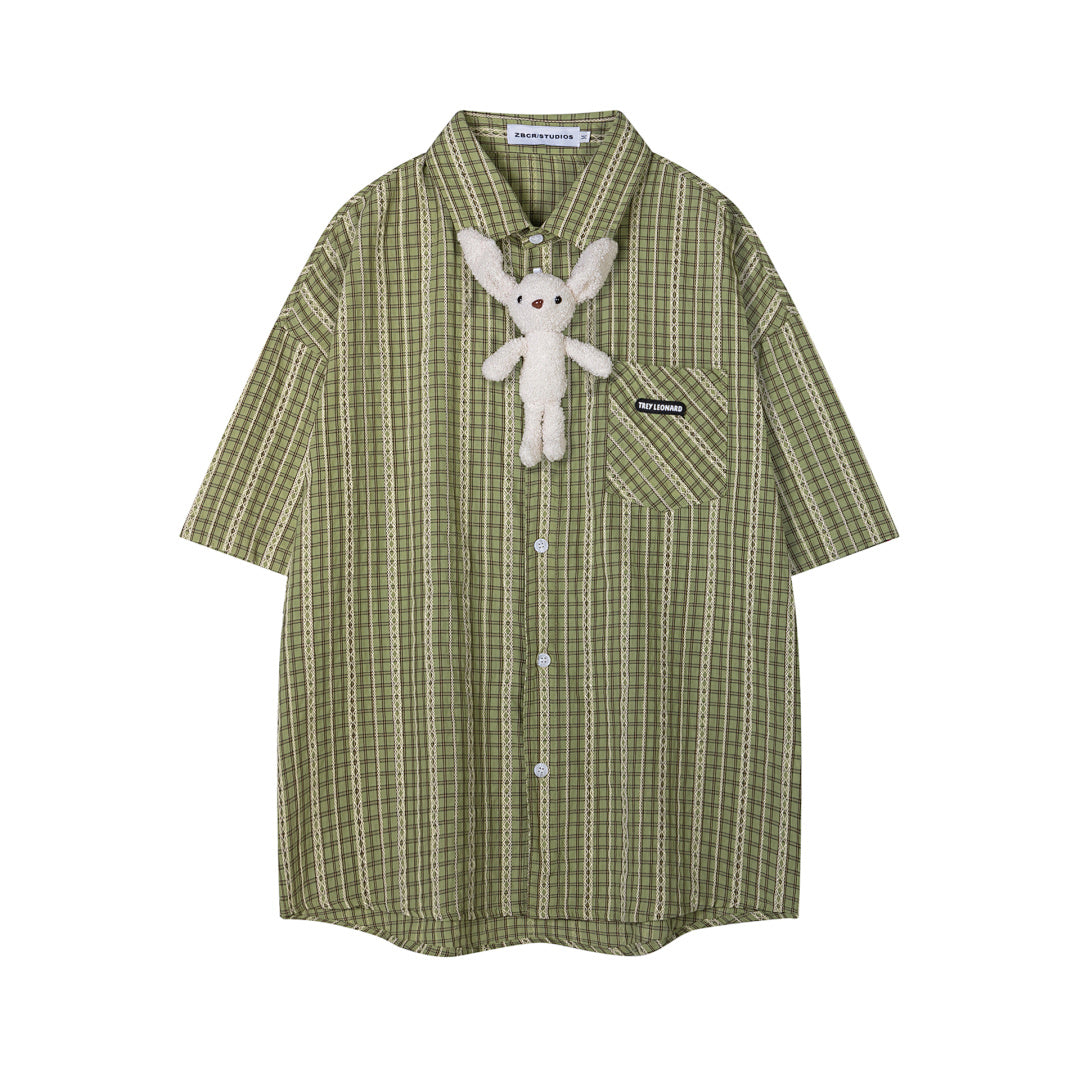 Green Plush Bunny Detachable Ornament Short Sleeve Plaid Shirt