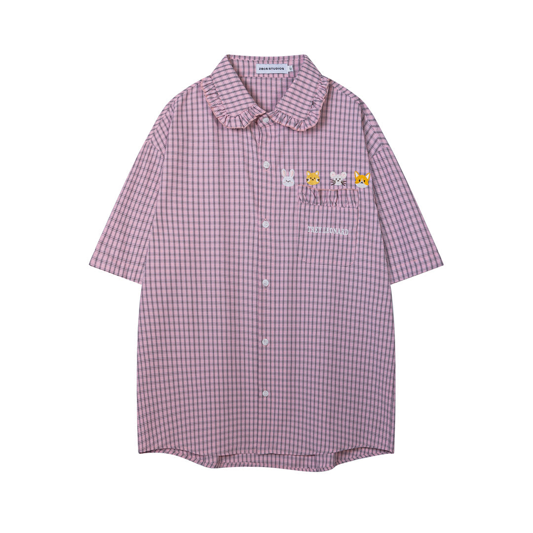 Ruffle Collar Animal Embroidery Pink Plaid Shirt