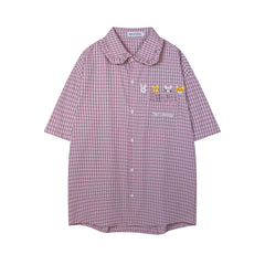 Ruffle Collar Animal Embroidery Pink Plaid Shirt
