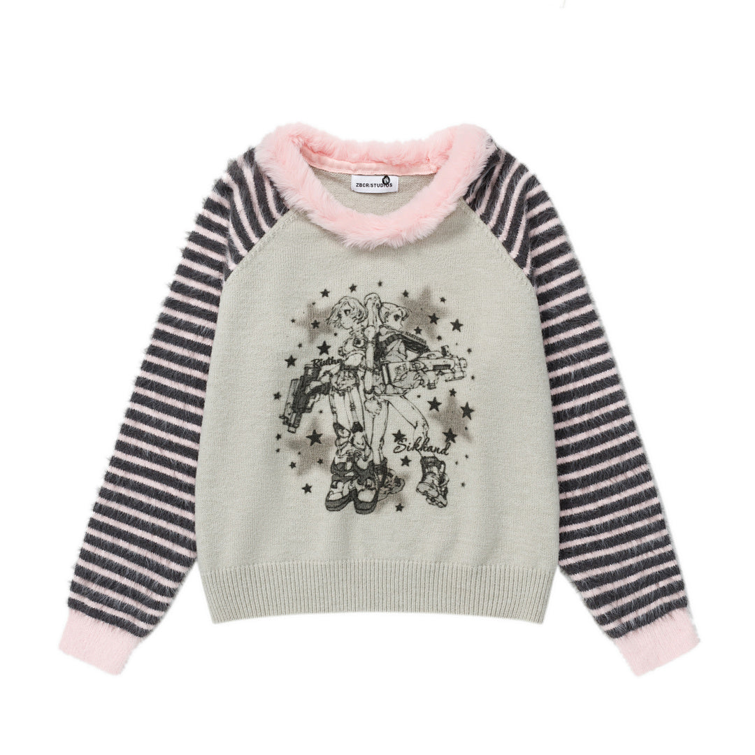 Fur Collar Striped Raglan Knit Sweater Anime Girl Print