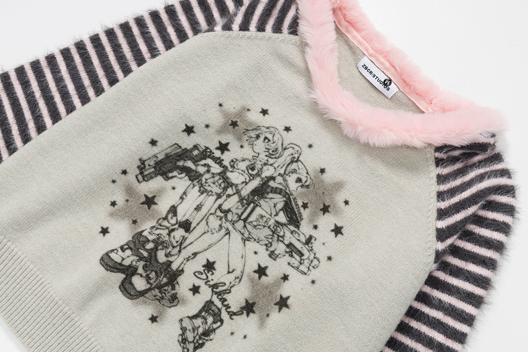Fur Collar Striped Raglan Knit Sweater Anime Girl Print