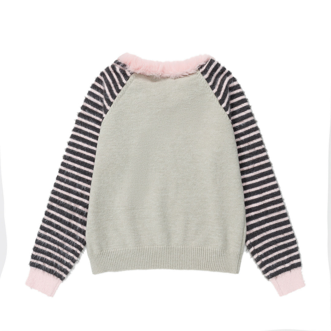 Fur Collar Striped Raglan Knit Sweater Anime Girl Print