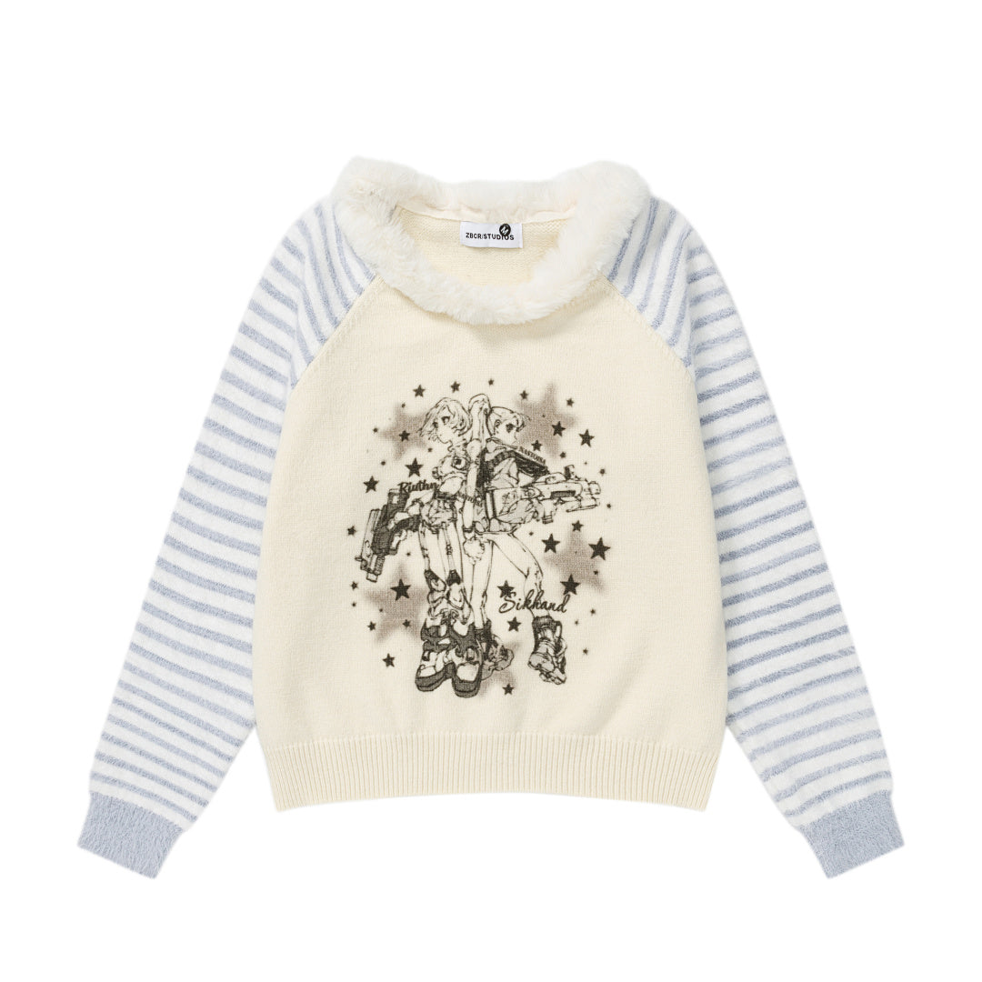 Fur Collar Striped Raglan Knit Sweater Anime Girl Print