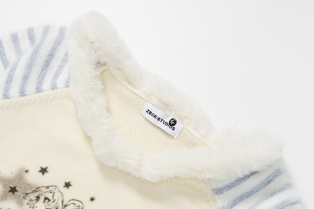 Fur Collar Striped Raglan Knit Sweater Anime Girl Print