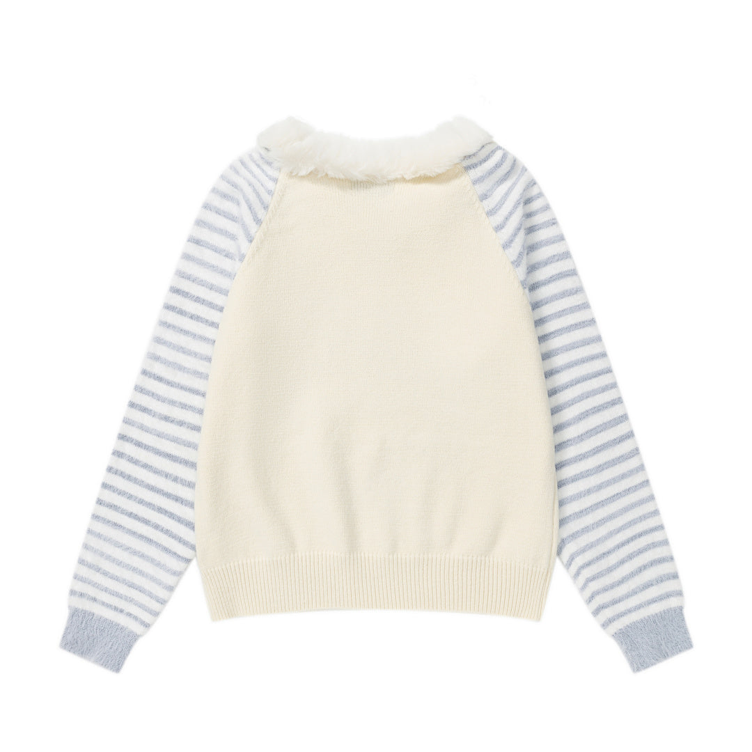Fur Collar Striped Raglan Knit Sweater Anime Girl Print