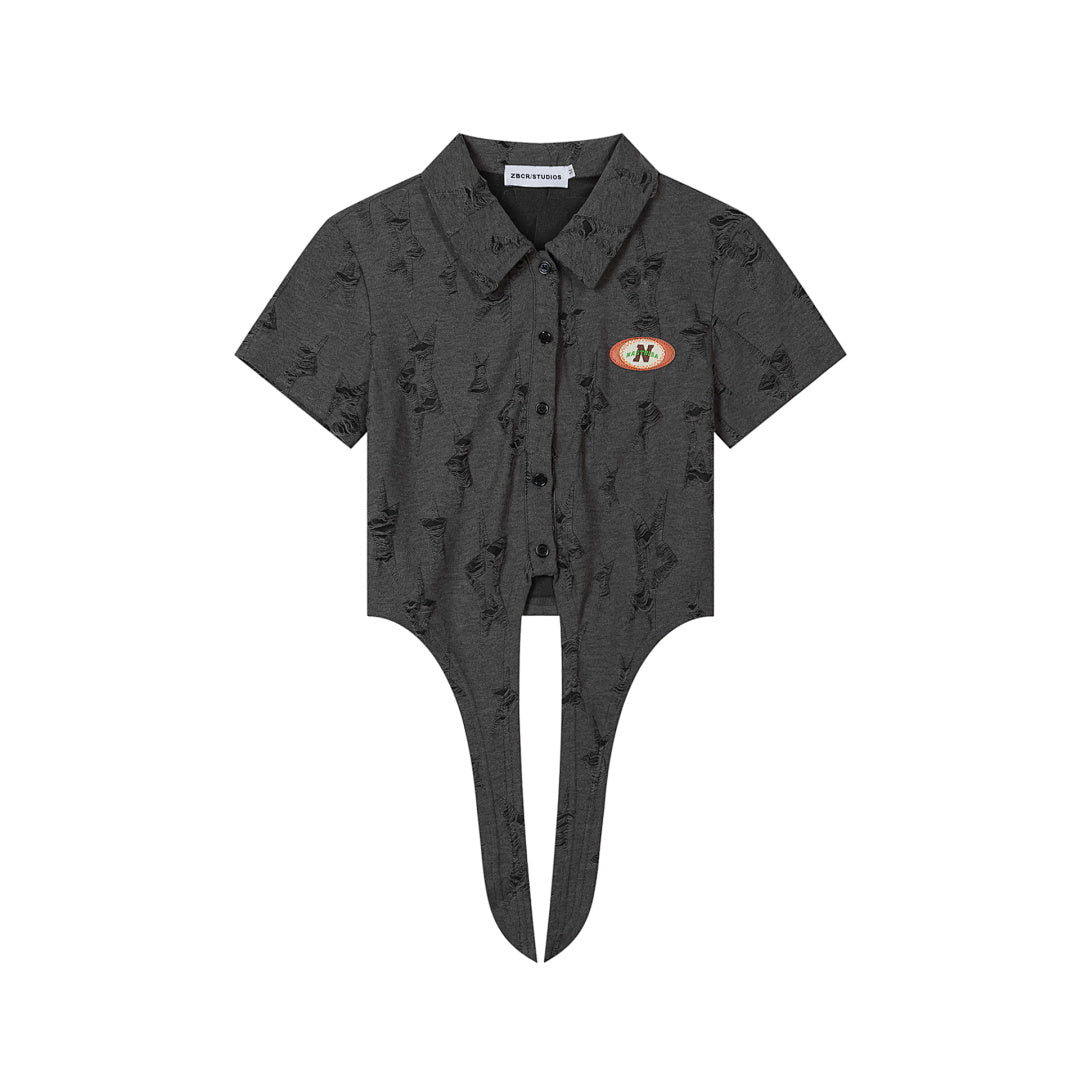 Distressed Jacquard Knotted Hem Patch Short Sleeve Shirt