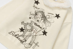 Fur Collar Knit Sweater Gothic Girl Cross Star Print