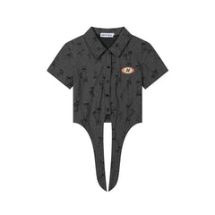 Distressed Jacquard Knotted Hem Patch Short Sleeve Shirt