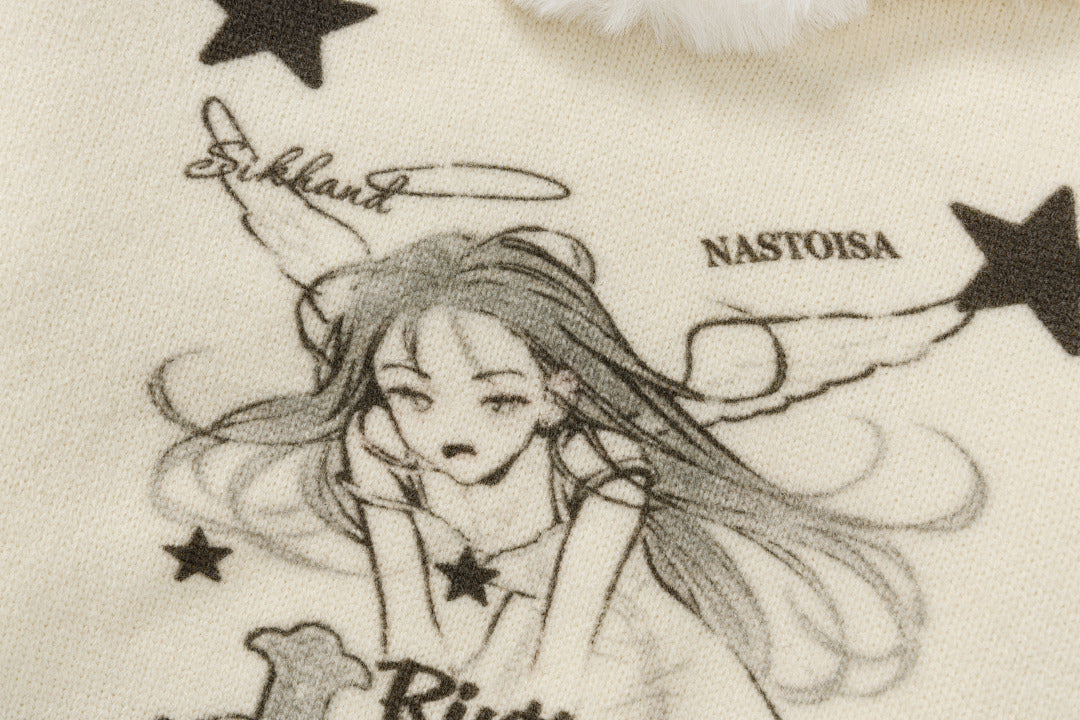 Fur Collar Knit Sweater Gothic Girl Cross Star Print