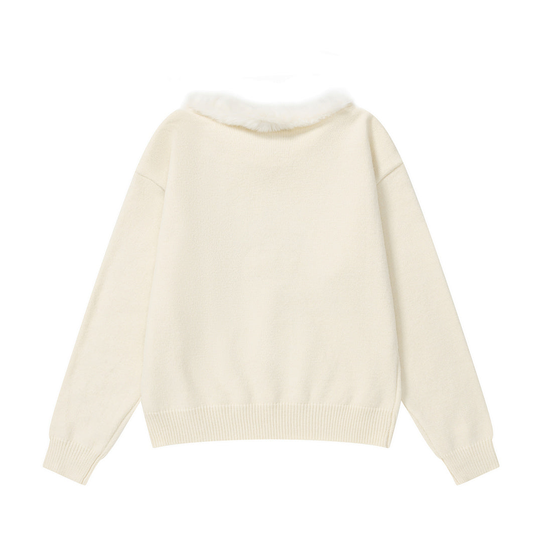 Fur Collar Knit Sweater Gothic Girl Cross Star Print
