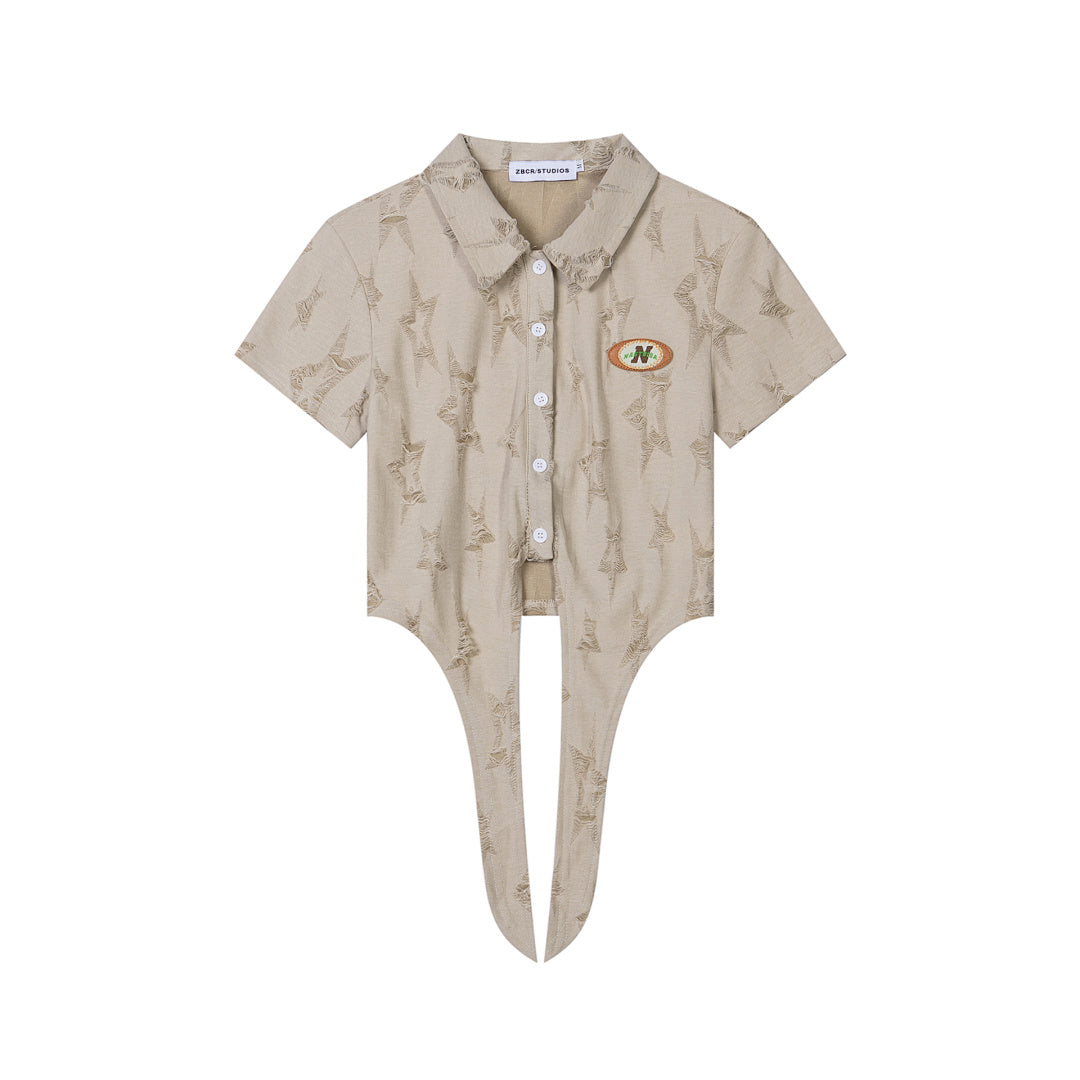 Distressed Jacquard Knotted Hem Patch Short Sleeve Shirt