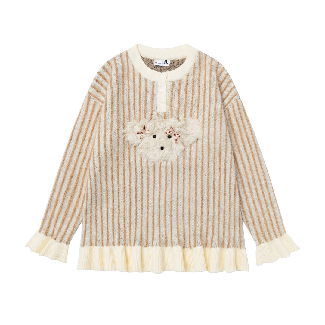 Vertical Stripe Knit Sweater With Plush Dog Patch & Ruffle Hem