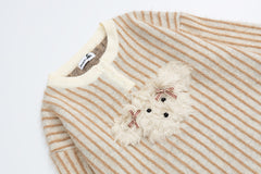 Vertical Stripe Knit Sweater With Plush Dog Patch & Ruffle Hem
