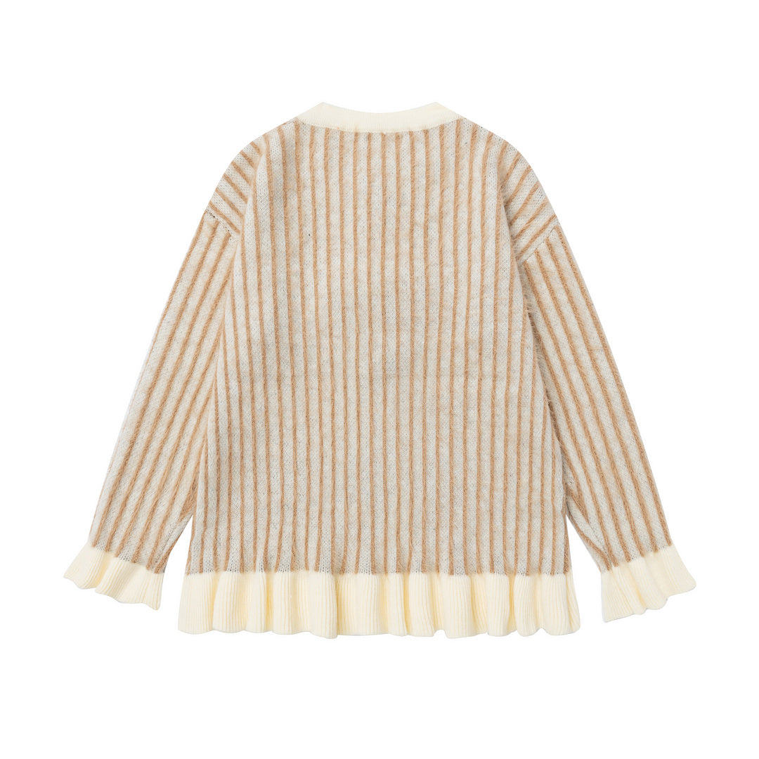 Vertical Stripe Knit Sweater With Plush Dog Patch & Ruffle Hem