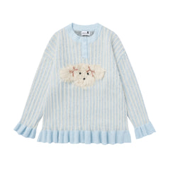 Vertical Stripe Knit Sweater With Plush Dog Patch & Ruffle Hem