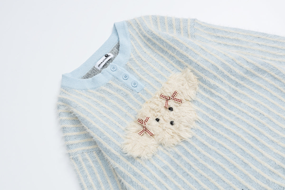 Vertical Stripe Knit Sweater With Plush Dog Patch & Ruffle Hem