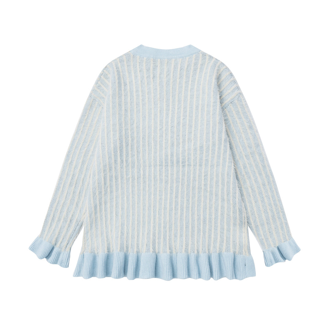 Vertical Stripe Knit Sweater With Plush Dog Patch & Ruffle Hem