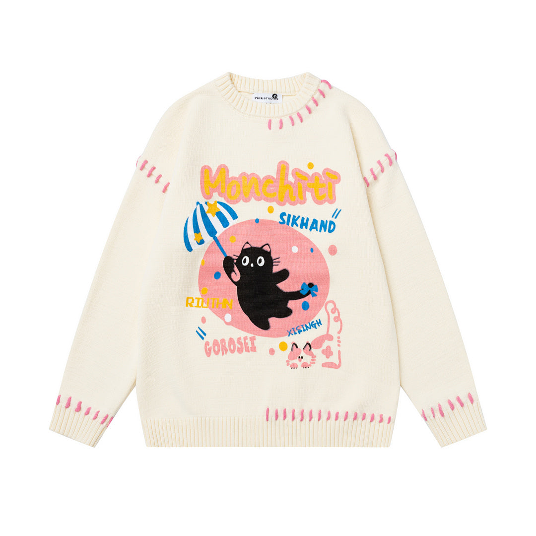 Cartoon Cat Graphic Stitch Detail Crewneck Sweater