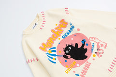 Cartoon Cat Graphic Stitch Detail Crewneck Sweater