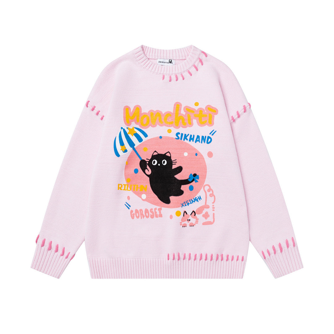Cartoon Cat Graphic Stitch Detail Crewneck Sweater