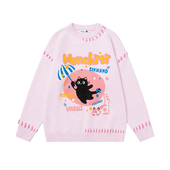 Cartoon Cat Graphic Stitch Detail Crewneck Sweater