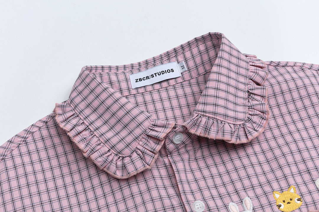 Ruffle Collar Animal Embroidery Pink Plaid Shirt