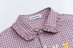 Ruffle Collar Animal Embroidery Pink Plaid Shirt