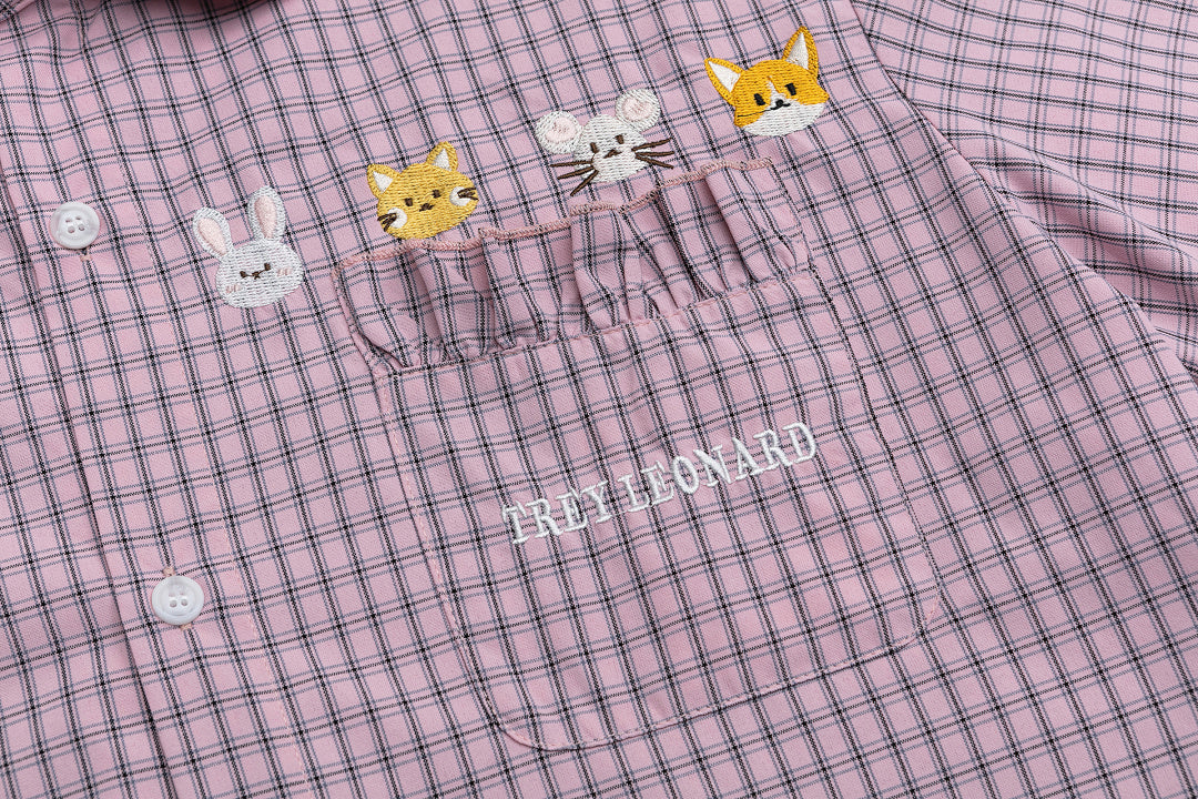 Ruffle Collar Animal Embroidery Pink Plaid Shirt