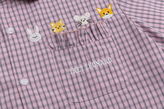 Ruffle Collar Animal Embroidery Pink Plaid Shirt