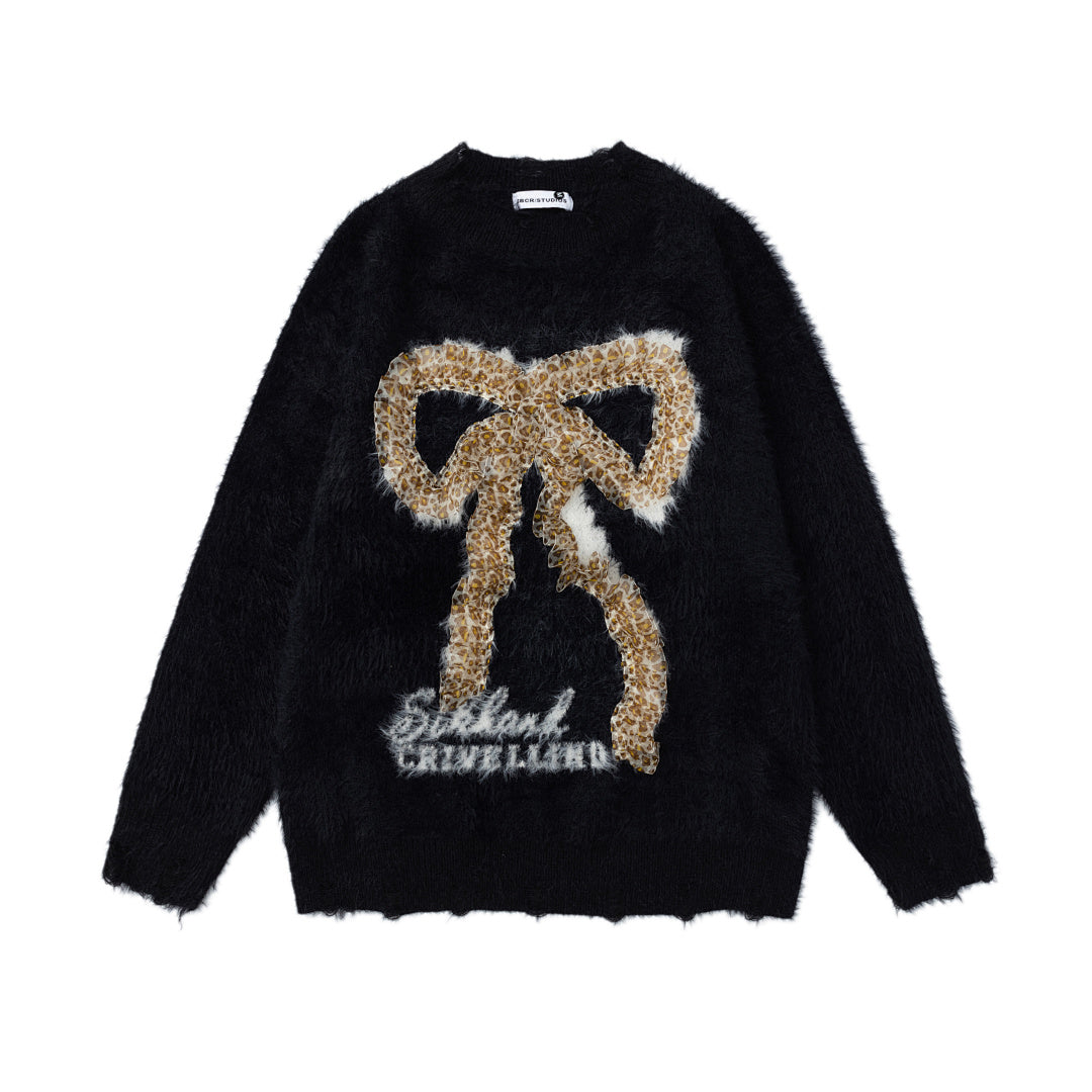 Distressed Fuzzy Leopard Bow Graphic Knit Sweater