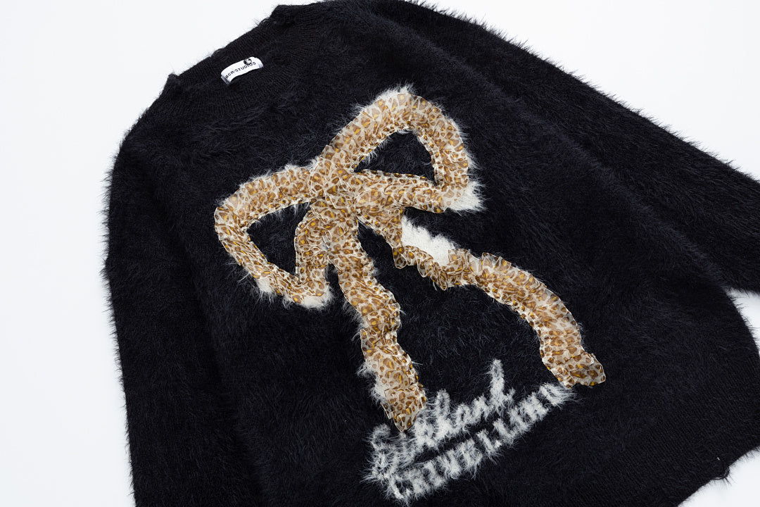 Distressed Fuzzy Leopard Bow Graphic Knit Sweater