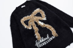 Distressed Fuzzy Leopard Bow Graphic Knit Sweater