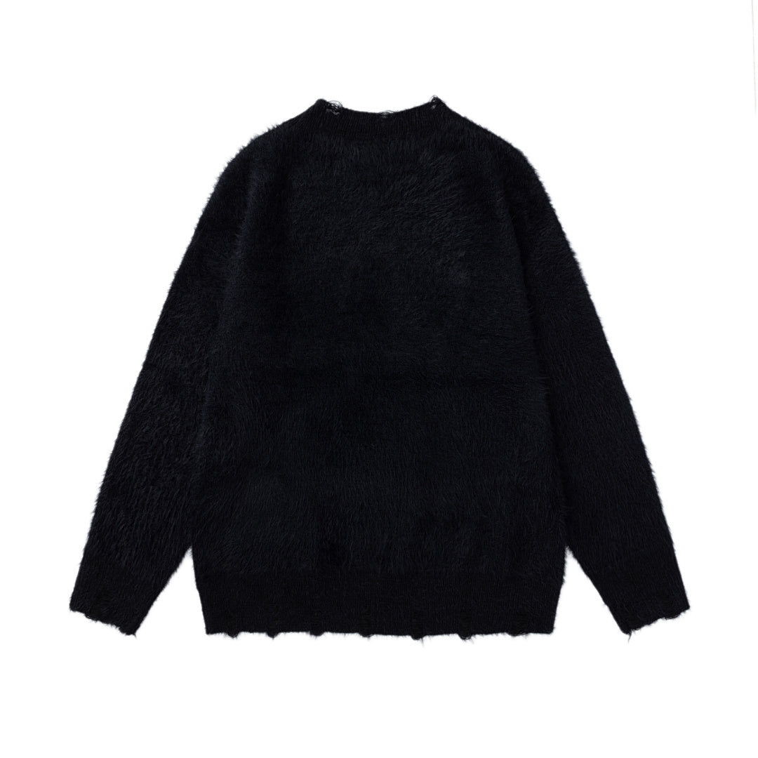 Distressed Fuzzy Leopard Bow Graphic Knit Sweater