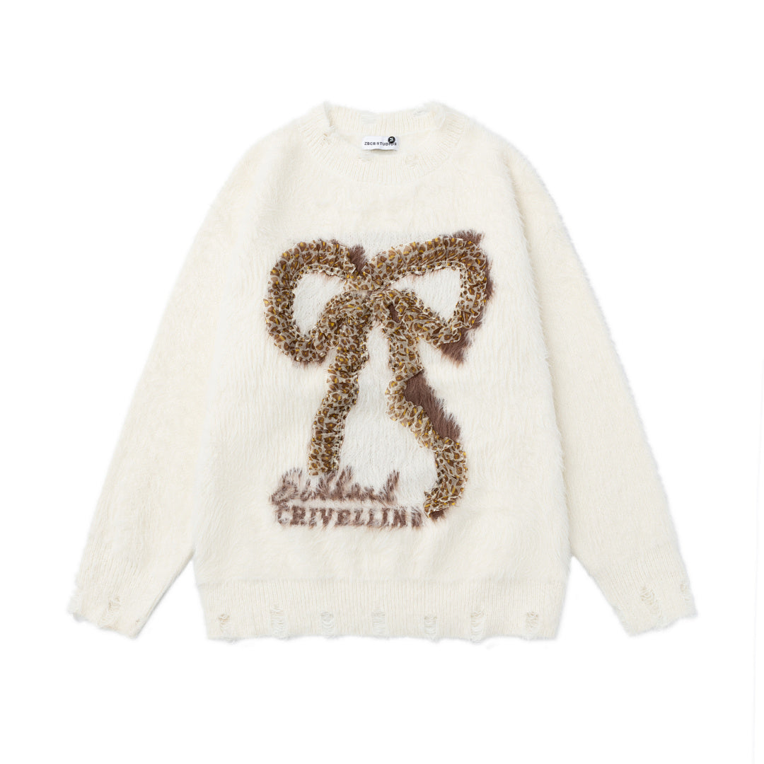 Distressed Fuzzy Leopard Bow Graphic Knit Sweater