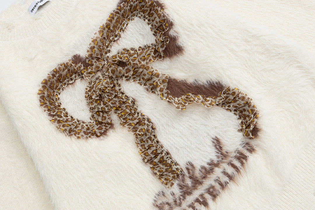 Distressed Fuzzy Leopard Bow Graphic Knit Sweater
