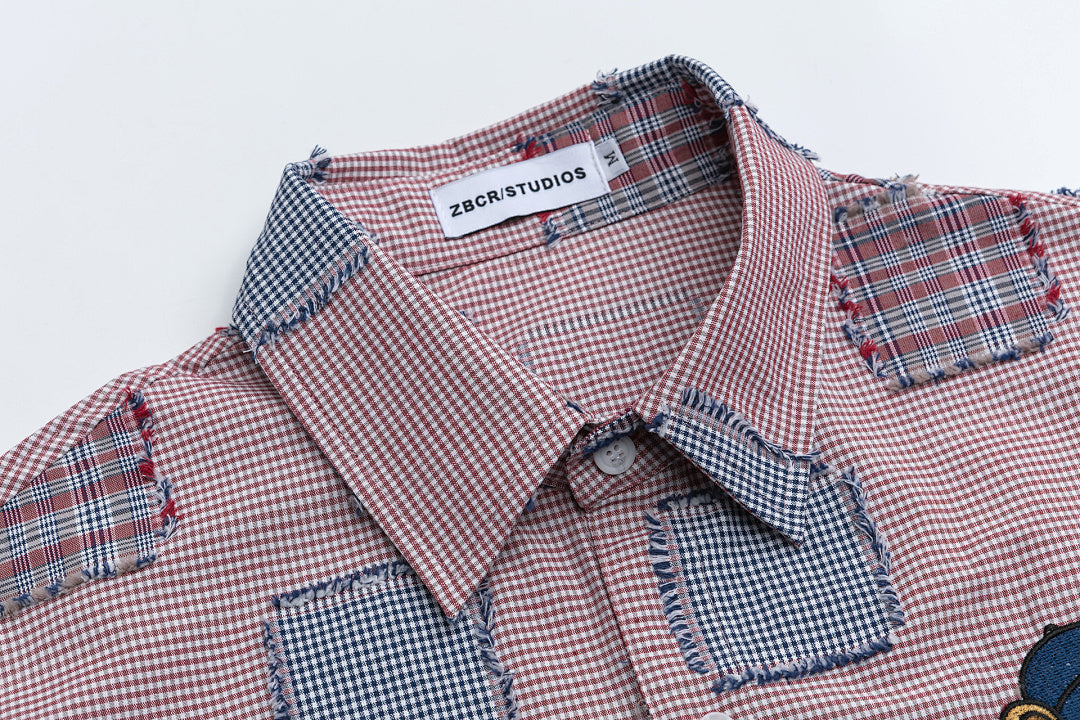 Plaid Patchwork Bear Embroidery Short Sleeve Shirt