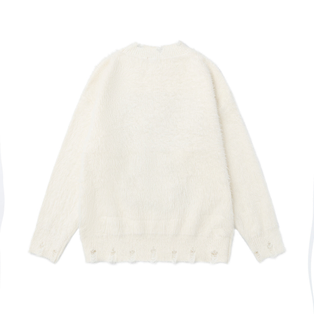 Distressed Fuzzy Leopard Bow Graphic Knit Sweater