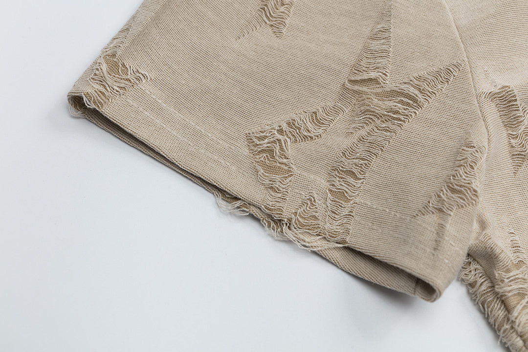 Distressed Jacquard Knotted Hem Patch Short Sleeve Shirt