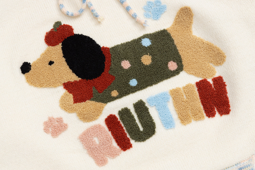 Dachshund Applique Raglan Hooded Knit Sweater
