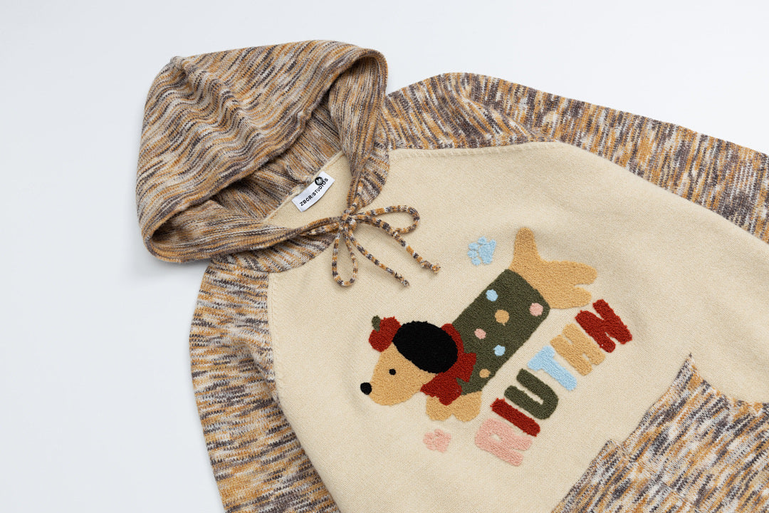 Dachshund Applique Raglan Hooded Knit Sweater