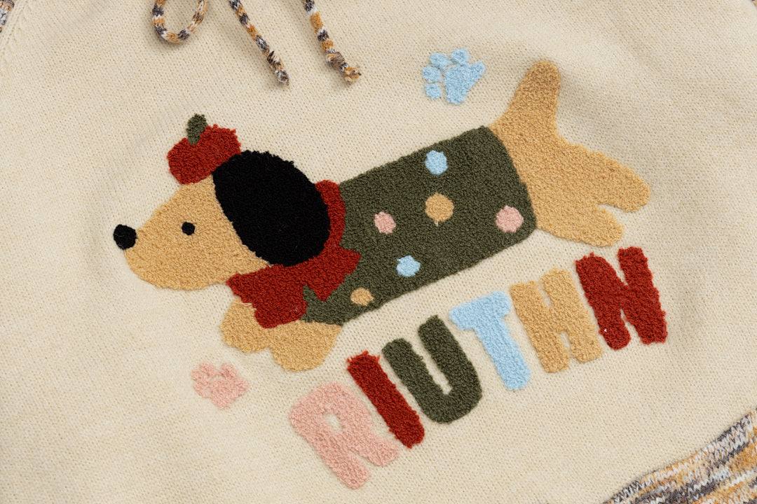 Dachshund Applique Raglan Hooded Knit Sweater